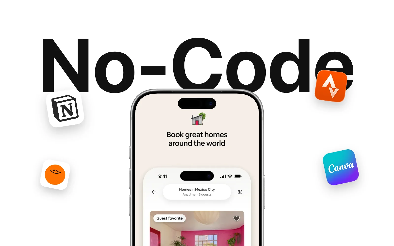 iPhone screen of a home-booking app surrounded by the Notion, Strava and Canva icons under the word No-Code
