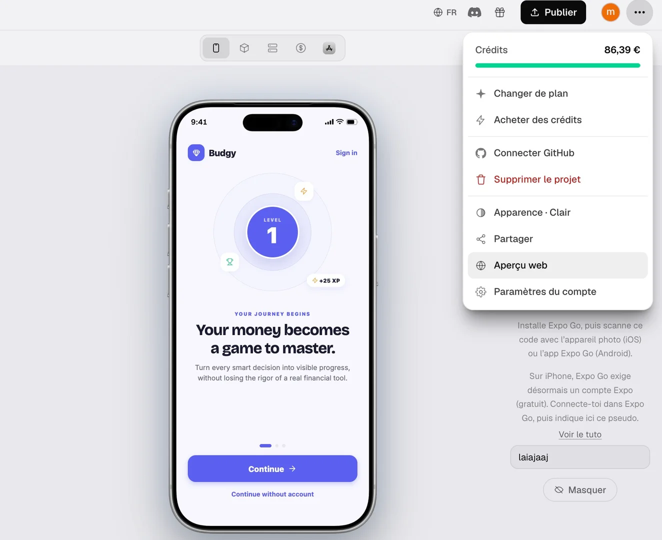 Bloxks builder interface showing an AI-generated iPhone app preview next to the open credits menu