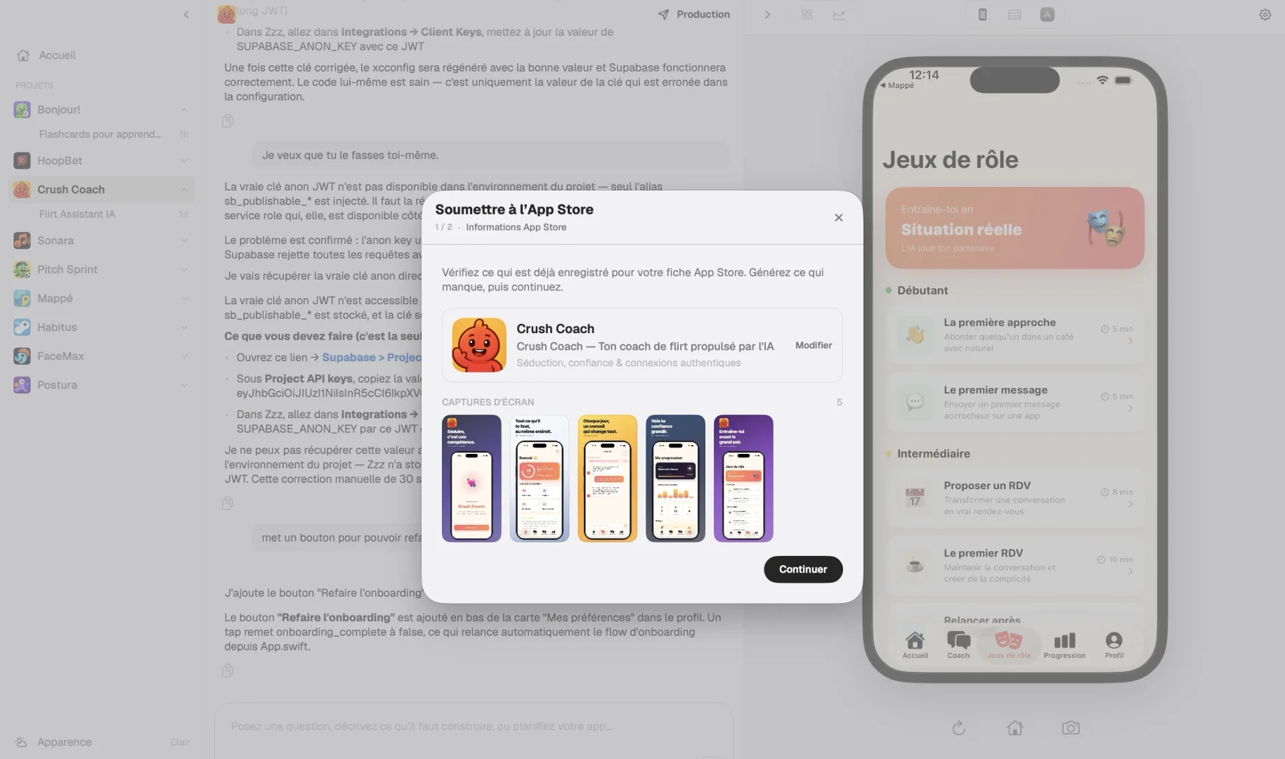 The Submit to App Store window inside Bloxks with the app icon, description and five ready screenshots